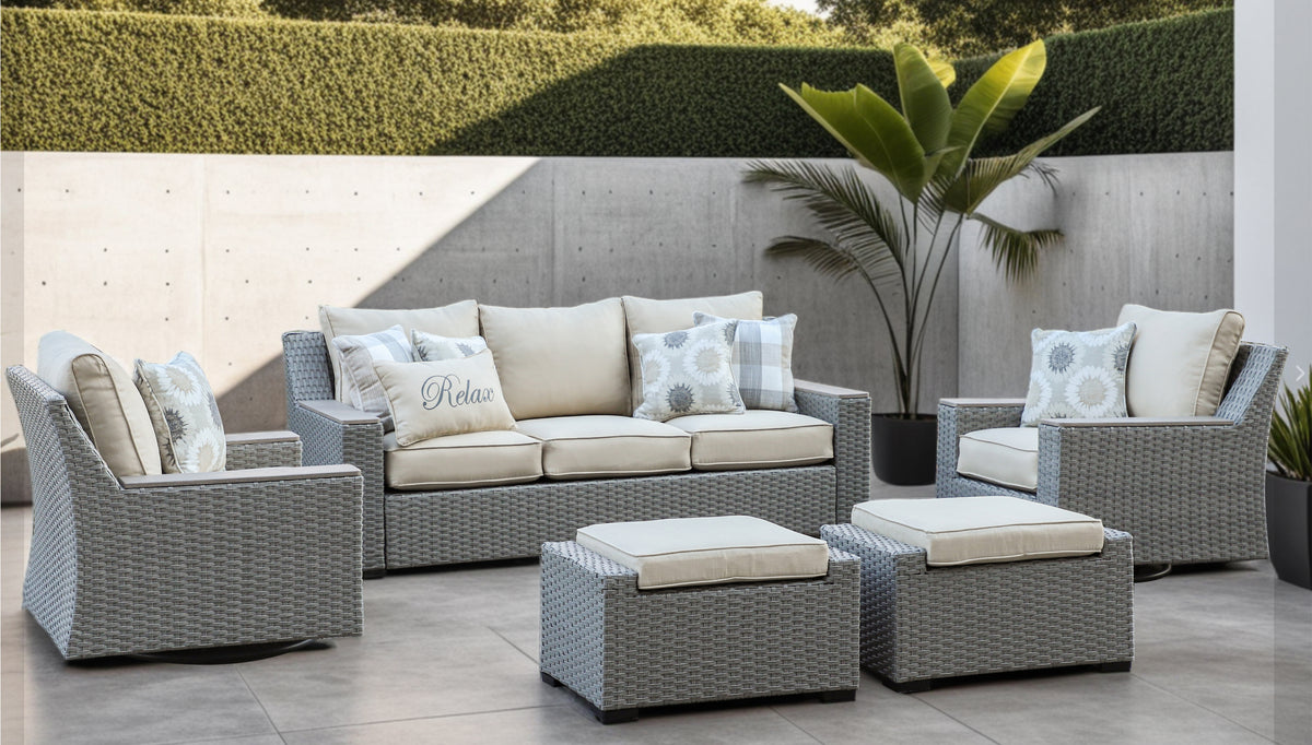 Savannah 5-Piece Outdoor Wicker Sofa Set with Swiver Chair, Ottoman & Beige Cushions | Outdoor Coversation Set