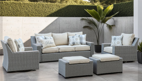 Savannah 5-Piece Outdoor Wicker Sofa Set with Swiver Chair, Ottoman & Beige Cushions | Outdoor Coversation Set