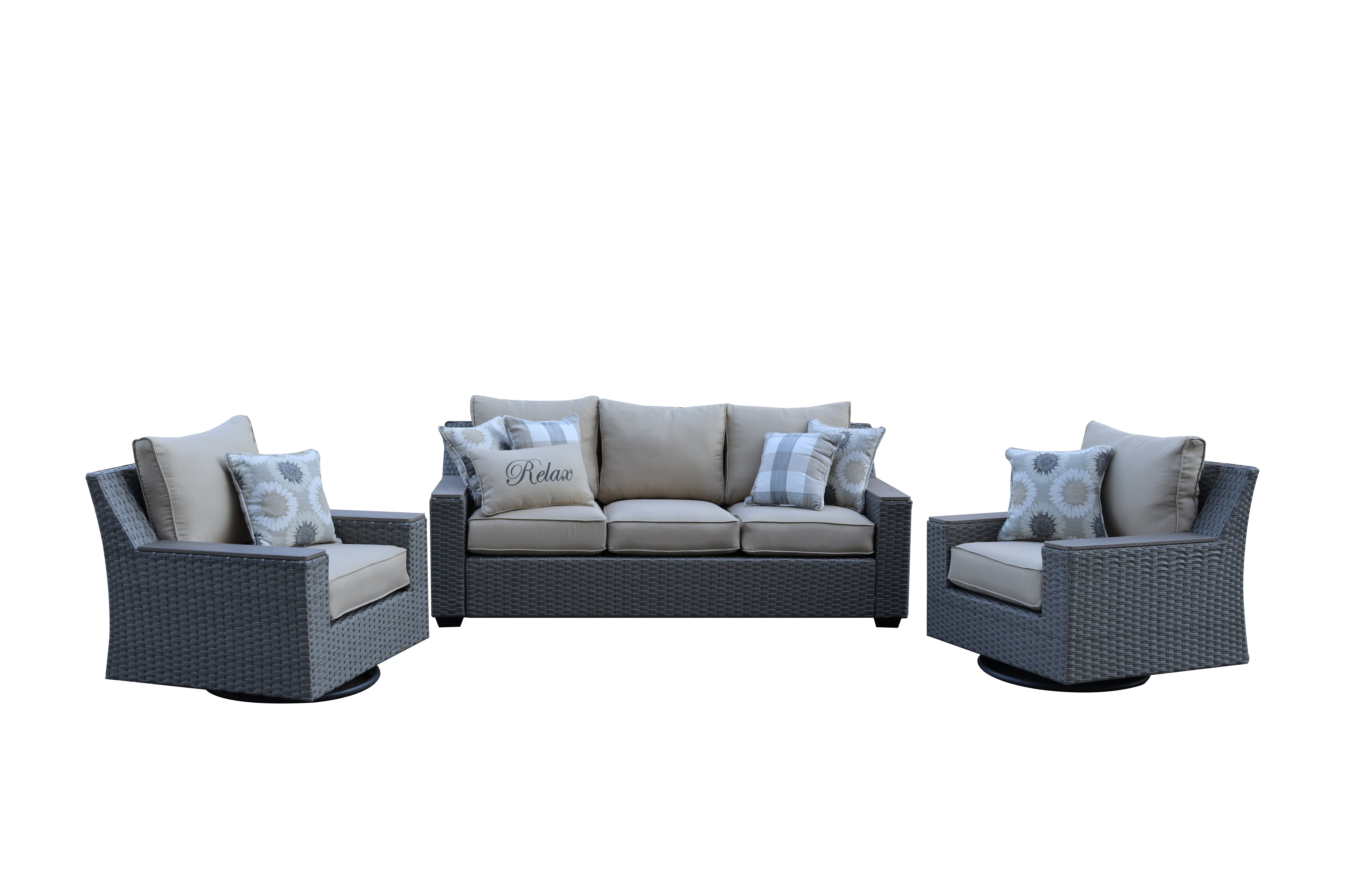Savannah 5-Piece Outdoor Wicker Sofa Set with Swiver Chair, Ottoman & Beige Cushions | Outdoor Coversation Set