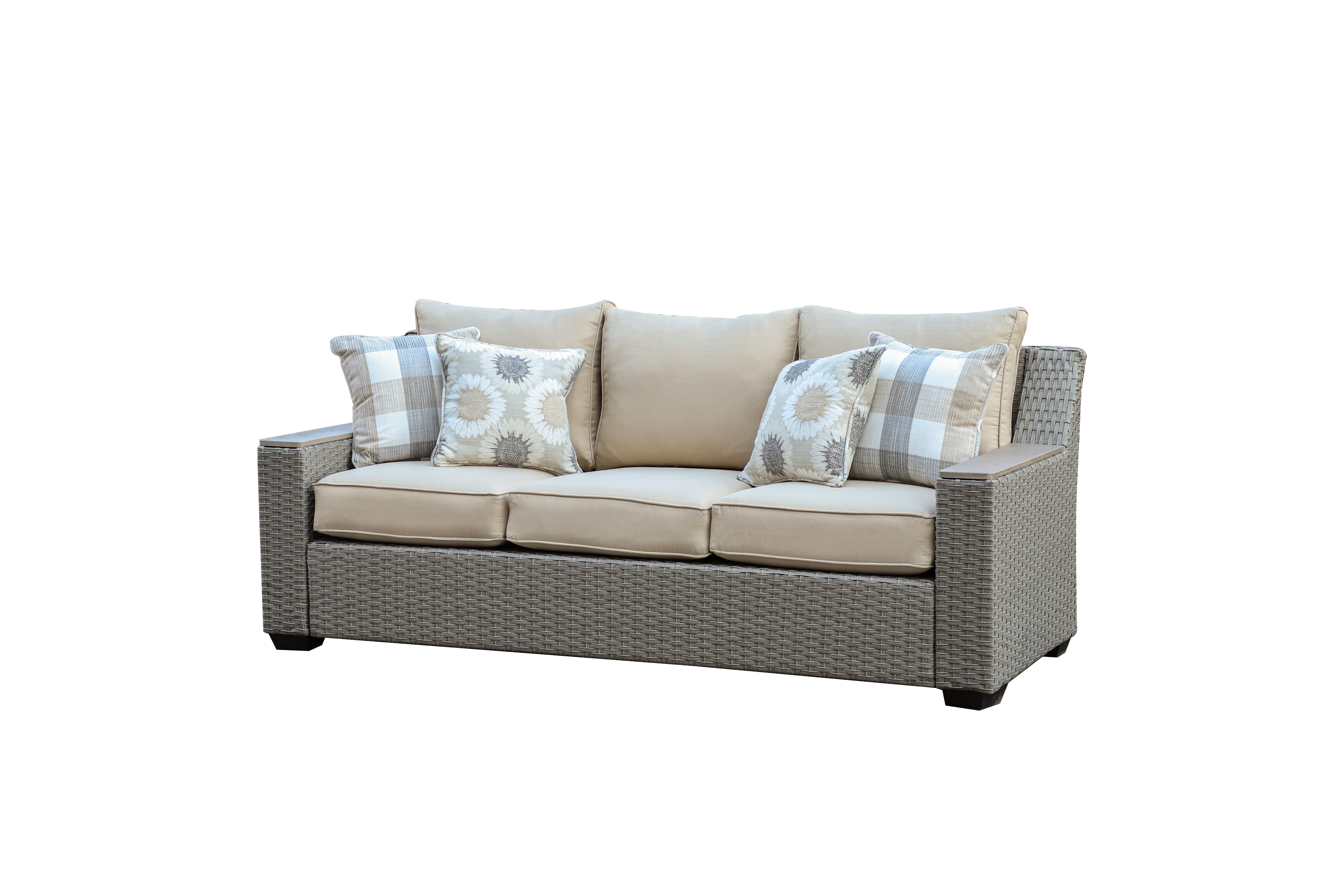 Savannah 5-Piece Outdoor Wicker Sofa Set with Swiver Chair, Ottoman & Beige Cushions | Outdoor Coversation Set